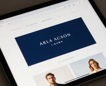 A close-up of a high-resolution tablet displaying a modern, clean web interface for a luxury brand. Latin American / Hispanic setting, soft shadows, sophisticated palette of deep blue and crisp off-white.