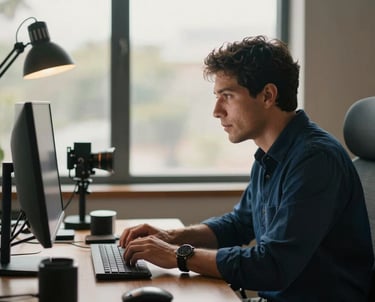 Creative professional at a desk, backlit by a large window. Soft focus on tech equipment, sophisticated atmosphere with deep blue and warm bronze colors, Latin American / Hispanic setting.