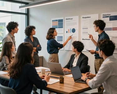 A creative team meeting in a bright, modern Latin American agency. They are looking at brand strategy boards on a wall. Professional attire, collaborative atmosphere, warm bronze and muted steel blue lighting.