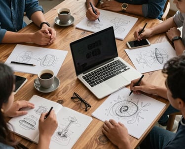 Overhead shot of a collaborative workspace with coffee, sketches, and a laptop. Warm wood, deep blue accents, Latin American / Hispanic creative environment.