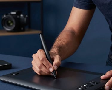 Creative professional using a stylus on a drawing tablet in a modern studio. Soft light, deep blue tones, Latin American / Hispanic professional setting.