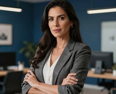Portrait of a professional Latin American woman in a creative studio, looking confident. Soft studio lighting, sophisticated attire, blurred background of a modern office with deep blue accents.