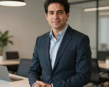 Professional portrait of a design strategist in a stylish office. Neutral tones, sophisticated lighting, modern Latin American / Hispanic professional vibe.