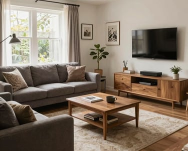 A bright, stylish living room with modern furniture and tasteful decor, showcasing a perfectly staged home.