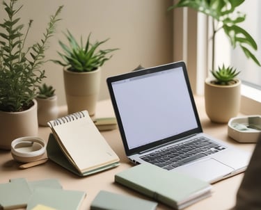 A cozy workspace with a laptop, journal, and a cup of tea, bathed in soft natural light.
