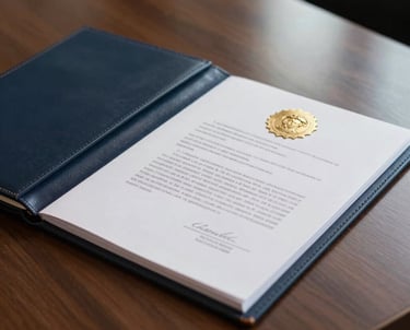 A close-up of a high-end leather portfolio and a professional legal document with a formal seal on a dark wood conference table in a Brazilian office, softly lit to highlight the texture of the paper and the professionalism of the setting, dark blue and gold tones.