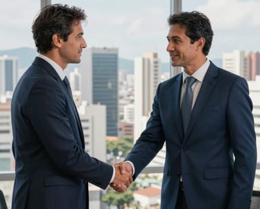 A professional South American consultant in a sharp dark blue suit shaking hands with a client in a modern high-rise office overlooking a Brazilian city skyline, the lighting is bright and airy, conveying a sense of expert guidance and success.