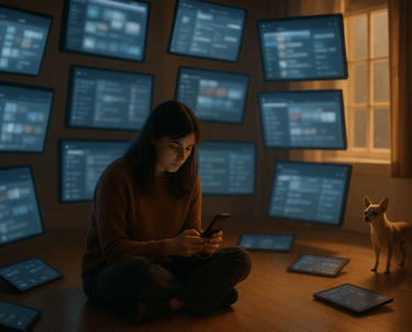 a woman sitting on a floor with a dog and a cell phone