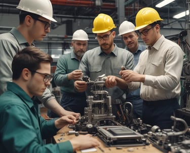 Industrial engineers collaborating on a project in a modern workspace.