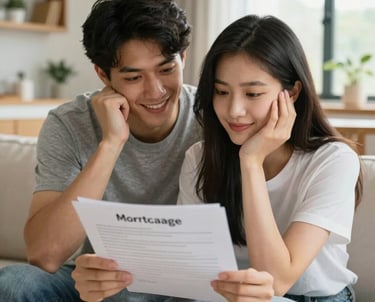 A happy young couple in a bright, modern living room in a Southern European home, looking at digital mortgage documents with an expression of relief and confidence.