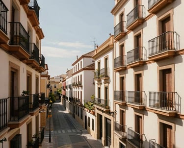 A wide shot of a beautiful modern apartment balcony in Spain overlooking a traditional street, captured with warm sunlight and professional architectural photography style.