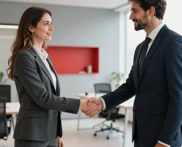 Two professionals in Southern European business attire shaking hands in a bright, contemporary Spanish office space with minimalist red and gray decor.