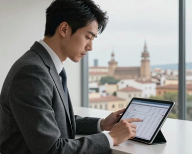 A sophisticated professional in a charcoal gray suit looking at a digital tablet with financial data in a minimalist office overlooking a Spanish city skyline.
