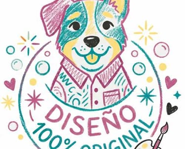 Ilustración de un perro con el texto "Diseño 100% original"