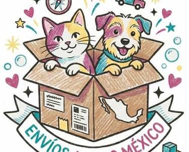 Ilustración de un gato y un perro en una caja y un texto "envios a todas partes de mexico.