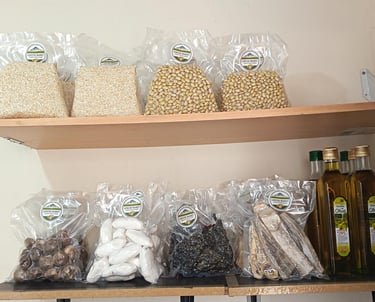 a shelf with some food items on it