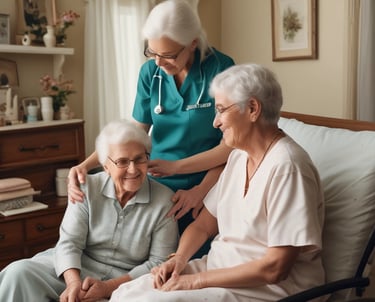 A warm caregiver gently holding an elderly person's hand in a cozy living room.