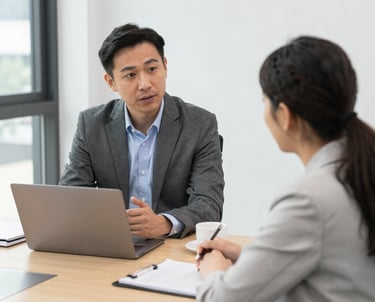 A professional lawyer assisting a client with rent agreement documents in a cozy Pune office.