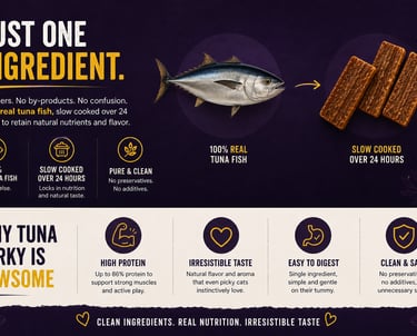 Infographic showing high-protein tuna jerky cat treats made with 100% real tuna fish and no fillers.