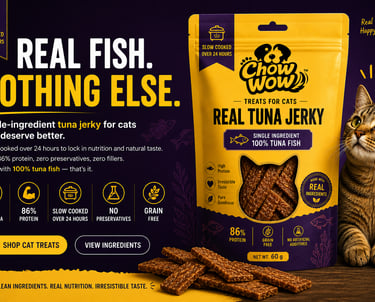 Chow Wow real tuna jerky cat treats bag with high protein grain free ingredients for healthy pets.