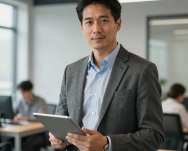 Professional portrait of a male logistics and supply chain manager in a modern office, holding a tablet. High-end business attire, focused and reliable expression. North American and European professional setting.