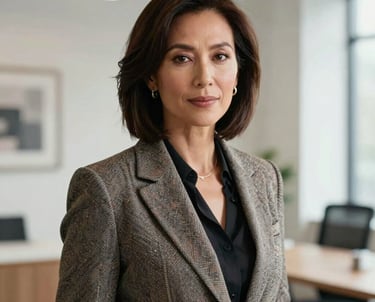 Professional portrait of a female creative director in her 40s, wearing a stylish blazer, in a bright design studio. North American and European executive style, elegant and confident.