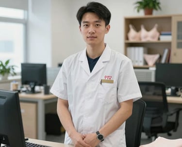 Professional portrait of a male quality control inspector wearing a clean laboratory coat in a textile testing lab. Serious and meticulous, emphasizing quality assurance. North American and European standards.