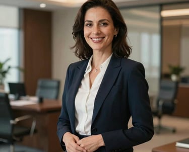 Professional portrait of a female international sales manager in a luxury corporate office, smiling warmly. Elegant business look, trustworthy and professional. North American and European business aesthetic.