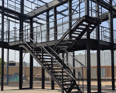 Modern metal staircase with sleek guardrails inside a commercial building.