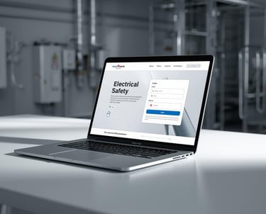 Laptop displaying an electrical safety compliance website in a modern industrial facility.