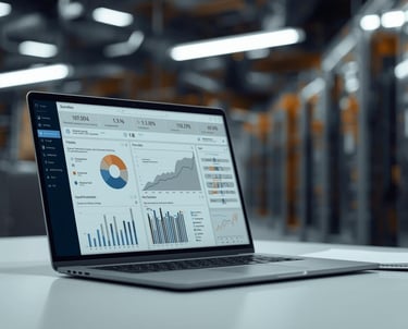 Laptop displaying a data analytics dashboard with charts in a blurred industrial server room.
