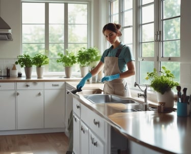 A friendly EcoSpark cleaner wearing green gloves, holding eco-friendly cleaning supplies with a sparkling clean home background.