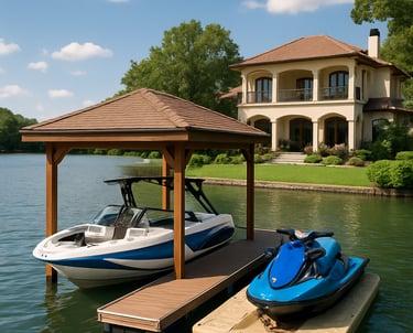 A peaceful lakeside scene showing a well-maintained dock with a boat and several water toys neatly arranged.