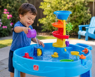 A boy playing at a water table.
