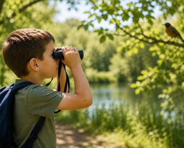 A boy looking through binoculars to study a bird.