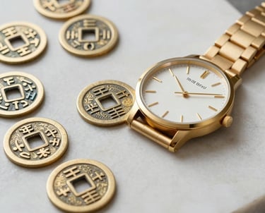 An artistic composition of I-Ching coins and a modern minimalist gold watch on a white stone surface, representing the intersection of time and ancient sacred sciences, global/western.