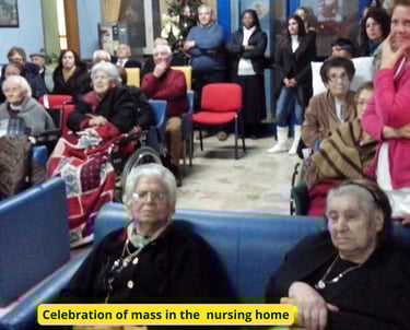 Seniors gather in a nursing home common room for a religious mass celebration.