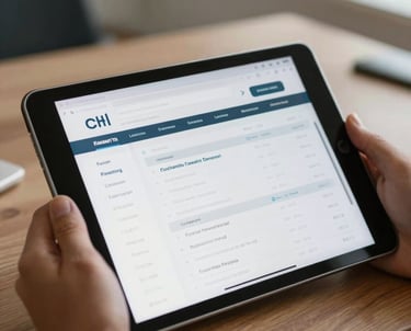 Close-up of a tablet displaying a clean, professional web application interface for financial management. Soft lighting in a Latin American office.