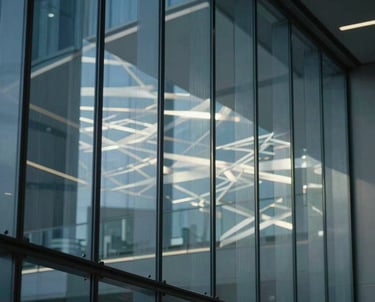 Abstract photography of light refraction on glass panels in a high-tech office. Oxford navy and slate gray blue tones, symbolizing clarity and precision.