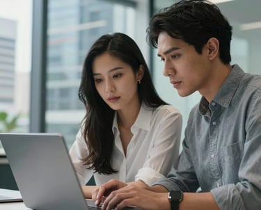Close-up of two people collaborating over a laptop in a modern, glass-walled office in a Latin American city. Ghost white and slate gray blue lighting.