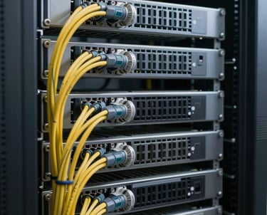 Clean, professional photography of a server rack with neatly organized cables. Representing infrastructure and technical mastery.