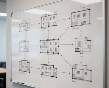 Close-up of a whiteboard with complex architectural diagrams and flowcharts in a Latin American boardroom. Modern, professional workspace lighting.