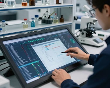 A high-tech laboratory or modern office setting. A person is analyzing data on a large touchscreen. Tech-focused aesthetic in Oxford navy and ghost white.