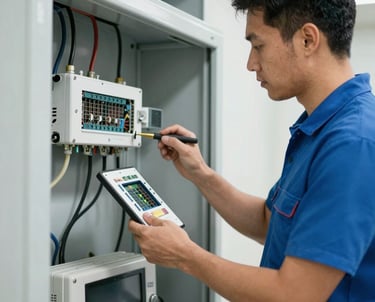 A warehouse shelf stacked with electric vehicle chargers and solar inverters ready for shipment.