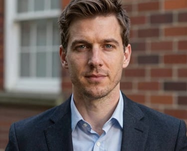 Professional headshot of a person in business attire, Northern European / British appearance, standing against a blurred background of a classic brick wall and large window.