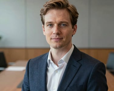 Professional headshot of a person in elegant professional clothing, Northern European / British appearance, in a boardroom setting with subtle steel blue and tan tones.