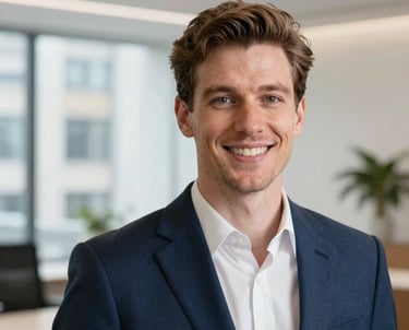 Professional headshot of a person in a sharp navy suit, Northern European / British appearance, smiling confidently in a bright, modern London real estate office.