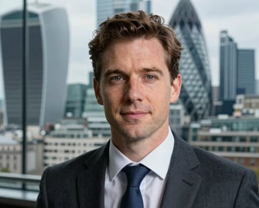 Professional headshot of a person in business attire, Northern European / British appearance, with the London financial district skyline visible through the window behind them.