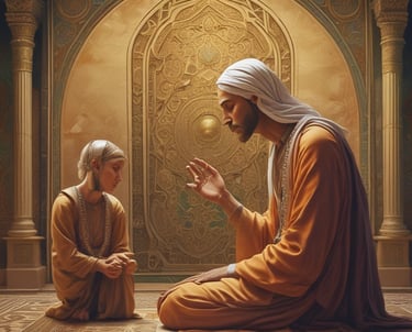 A man in traditional white and gold Middle Eastern robes teaching a seated child in an ornate Islamic prayer room.
