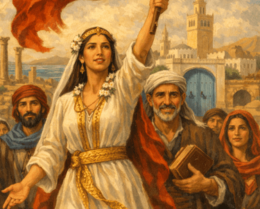 Arab woman in white dress holding a red freedom flag with Arabic calligraphy in a historical city.